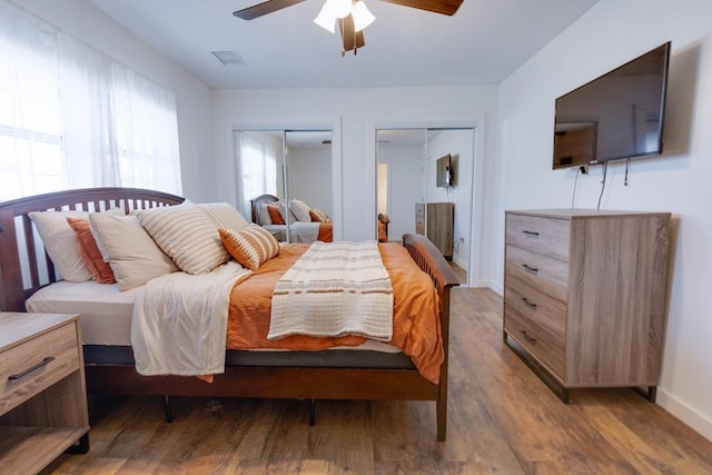 bedroom with multiple closets, ceiling fan, and wood-type flooring