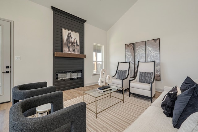 living room featuring hardwood / wood-style flooring, a fireplace, and high vaulted ceiling