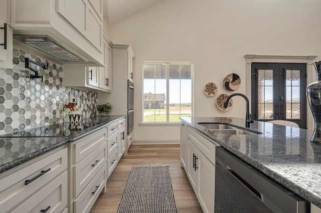 kitchen with hardwood / wood-style floors, backsplash, premium range hood, sink, and stainless steel appliances