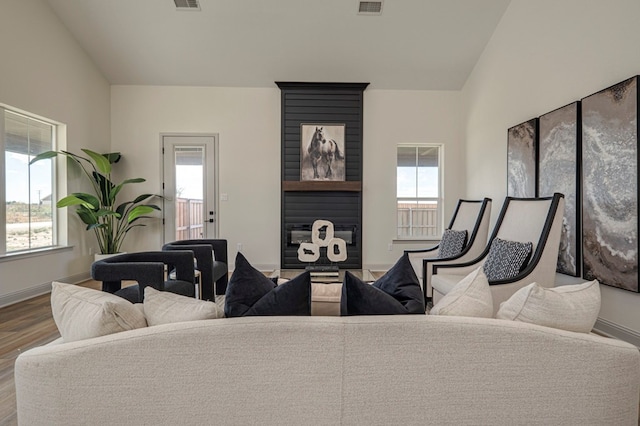 living room featuring hardwood / wood-style floors, vaulted ceiling, and a wealth of natural light