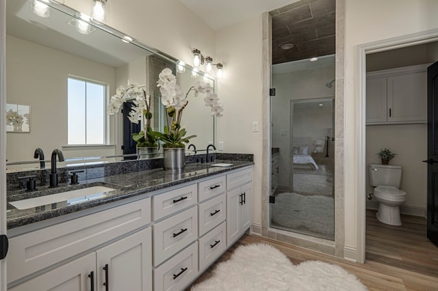 bathroom featuring an enclosed shower, vanity, toilet, and wood-type flooring