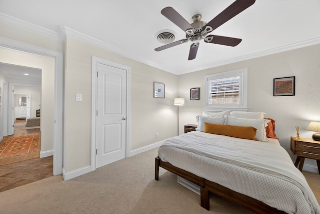1602 Cimmaron Dr, Midland, TX 79705 - bedroom with crown molding, carpet flooring, and a ceiling fan