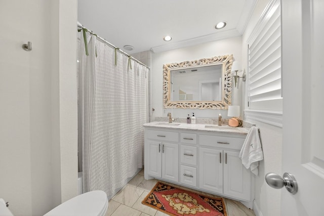 1602 Cimmaron Dr, Midland, TX 79705 - bathroom with double vanity, shower / bathtub combination with curtain, recessed lighting, and marble look tiles