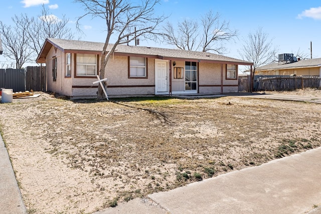 ranch-style home with stucco siding and fence