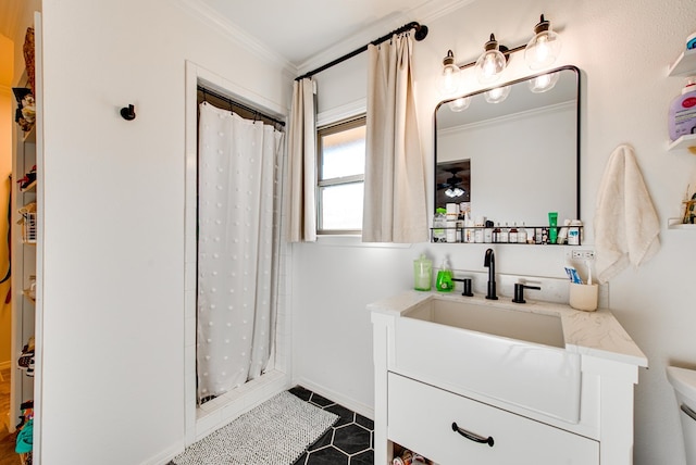 bathroom featuring vanity, curtained shower, toilet, and ornamental molding