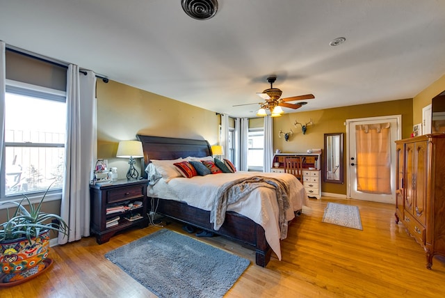 bedroom featuring ceiling fan and light hardwood / wood-style flooring