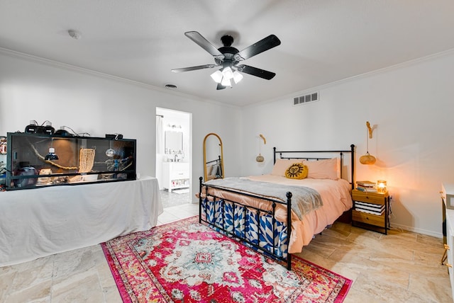 bedroom with ensuite bathroom, ceiling fan, and ornamental molding