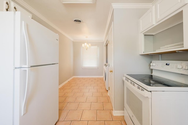 806 Boyd Ave, Midland, TX 79705 - kitchen featuring white appliances, washer / clothes dryer, a chandelier, white cabinets, and baseboards