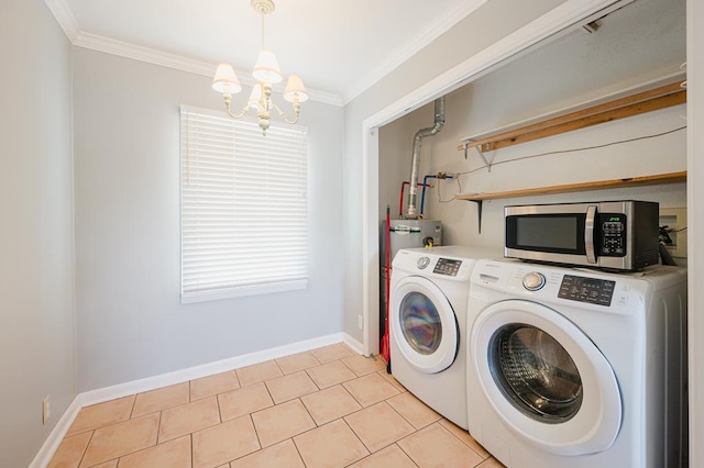 806 Boyd Ave, Midland, TX 79705 - laundry room featuring a chandelier, ornamental molding, washer and dryer, baseboards, and light tile patterned floors