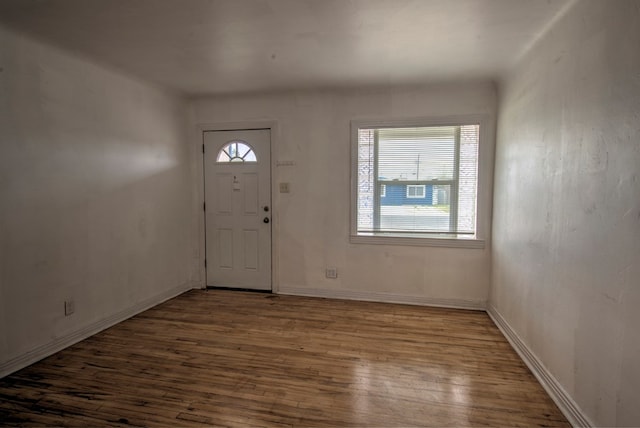 foyer with baseboards and wood finished floors