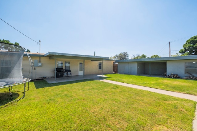 back of property with a trampoline, a patio, and a yard