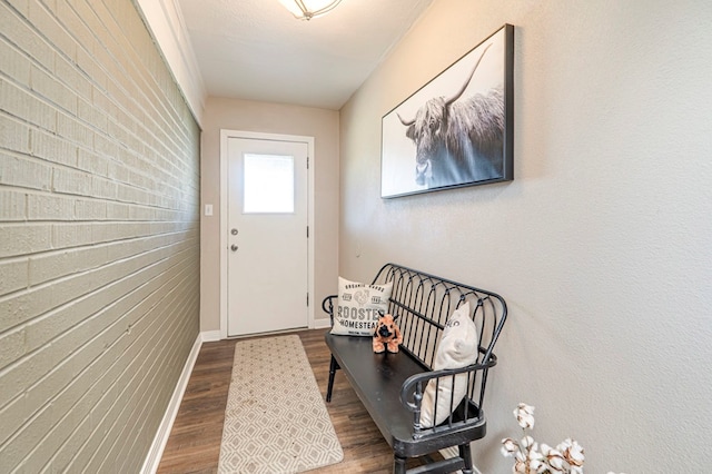 doorway featuring hardwood / wood-style floors and brick wall