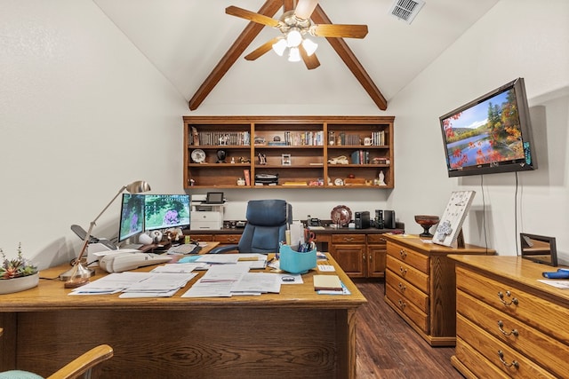 office space featuring ceiling fan, dark hardwood / wood-style flooring, and lofted ceiling with beams