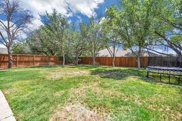 view of yard featuring a fenced backyard and a trampoline