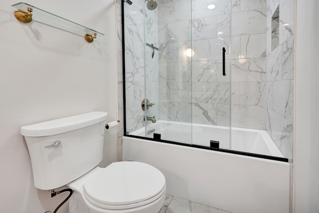 bathroom with combined bath / shower with glass door, toilet, and marble finish floor
