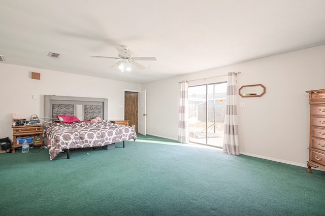 bedroom featuring carpet floors, access to outside, and ceiling fan