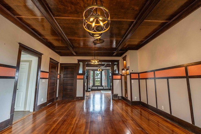 2950 Ranch Road 33, Big Spring, TX 79720 - unfurnished dining area with a chandelier, dark wood-style flooring, and wooden ceiling