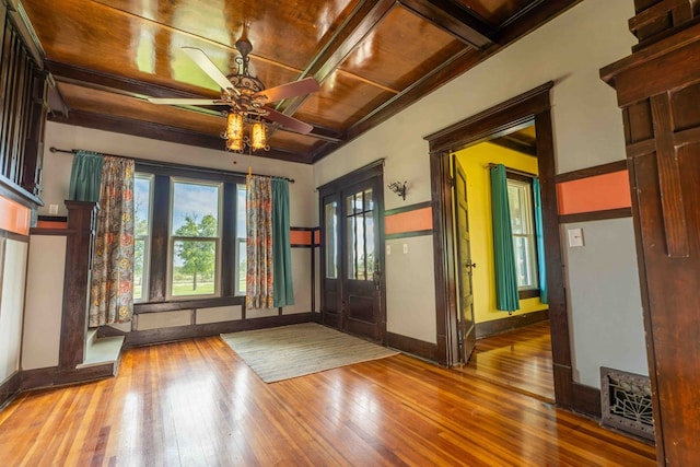 2950 Ranch Road 33, Big Spring, TX 79720 - entrance foyer featuring hardwood / wood-style floors, ceiling fan, wood ceiling, and coffered ceiling