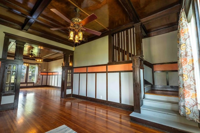 2950 Ranch Road 33, Big Spring, TX 79720 - stairs featuring hardwood / wood-style flooring, ceiling fan, a decorative wall, coffered ceiling, and decorative columns