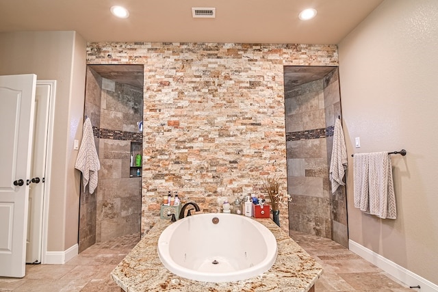 bathroom featuring walk in shower, visible vents, a jetted tub, and recessed lighting