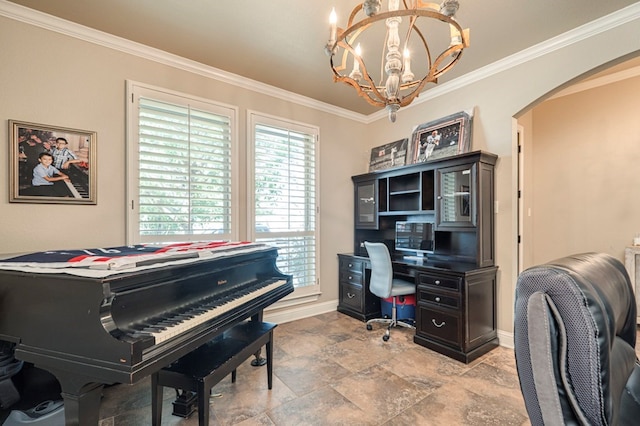 office area featuring a chandelier and ornamental molding