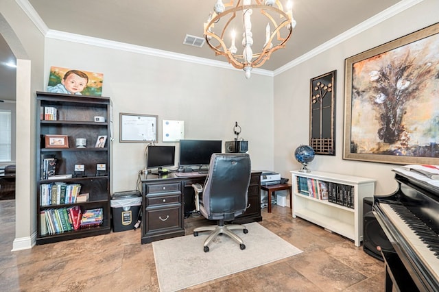 office space featuring crown molding and a chandelier