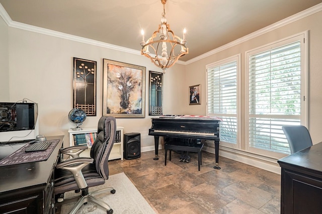 office with crown molding and a notable chandelier