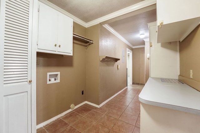 clothes washing area with cabinets, crown molding, hookup for a washing machine, light tile patterned floors, and hookup for an electric dryer