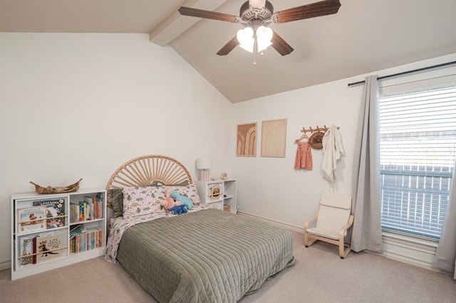 bedroom featuring vaulted ceiling with beams, carpet, and a ceiling fan