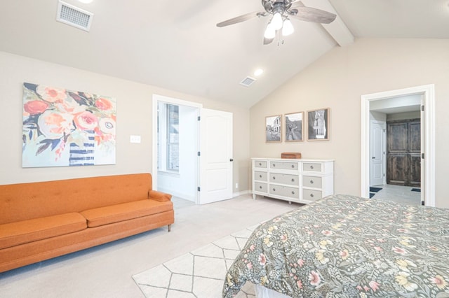 bedroom featuring light carpet, baseboards, visible vents, connected bathroom, and lofted ceiling with beams