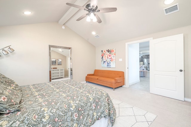 bedroom featuring visible vents, ceiling fan, light carpet, and lofted ceiling with beams