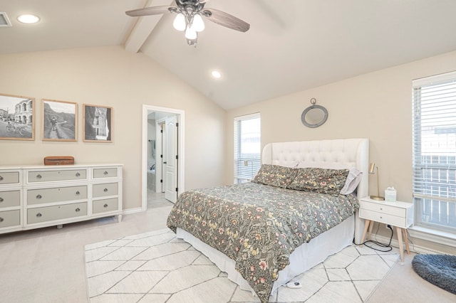 bedroom with light carpet, visible vents, lofted ceiling with beams, and baseboards