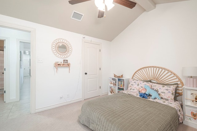 bedroom featuring baseboards, visible vents, a ceiling fan, lofted ceiling with beams, and carpet floors