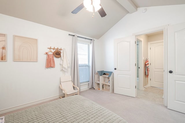 bedroom with light carpet, ceiling fan, and lofted ceiling with beams