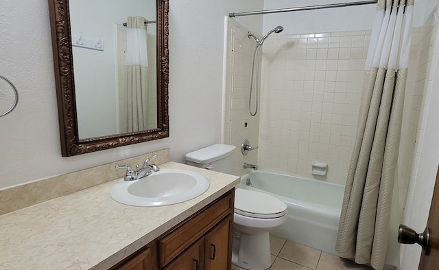 full bathroom with toilet, vanity, tile patterned floors, and shower / bath combo with shower curtain