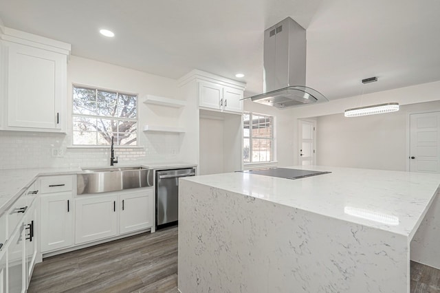 kitchen with black electric cooktop, island range hood, a sink, a center island, and dishwasher