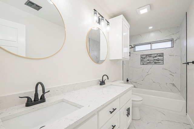 full bath with marble finish floor, visible vents, a sink, and toilet