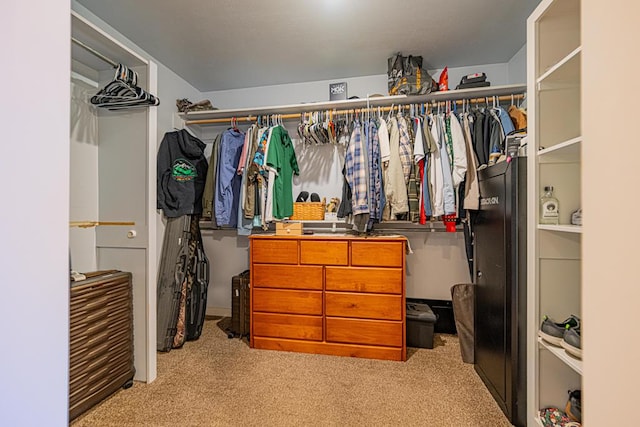 walk in closet featuring light carpet