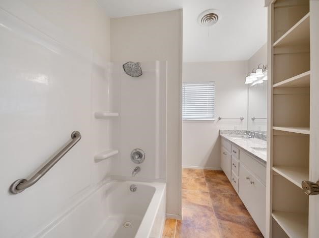 bathroom with vanity and shower / washtub combination