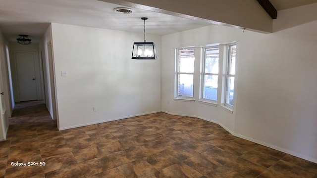 unfurnished dining area with vaulted ceiling with beams and a chandelier