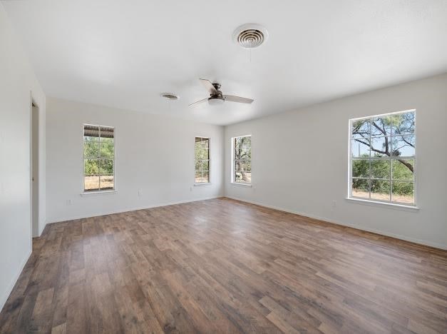 spare room featuring ceiling fan, dark wood-type flooring, and a wealth of natural light