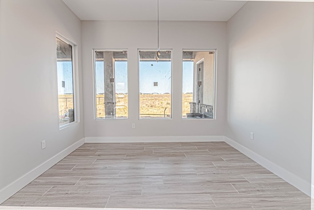 spare room with baseboards, a wealth of natural light, and light wood finished floors