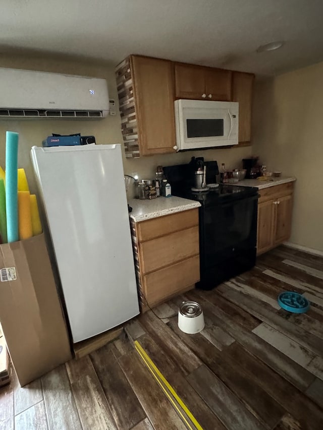 kitchen featuring white appliances, dark wood-type flooring, an AC wall unit, and light countertops