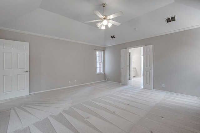 5706 Devlin Pl, Midland, TX 79707 - unfurnished room featuring light carpet, a ceiling fan, lofted ceiling, baseboards, and crown molding