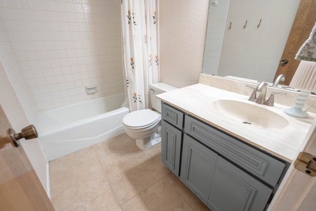 4906 San Antonio Ave, Midland, TX 79707 - bathroom with toilet, vanity, shower / bathtub combination with curtain, and tile patterned floors