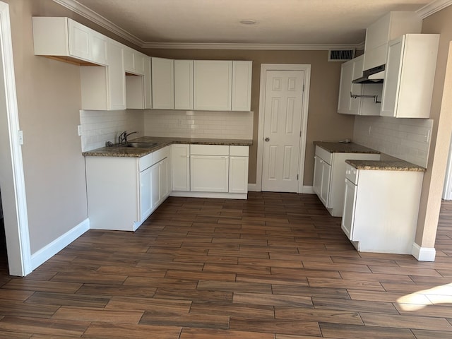 kitchen with sink, white cabinetry, tasteful backsplash, and dark wood-type flooring