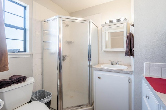 bathroom featuring toilet, vanity, a healthy amount of sunlight, and walk in shower