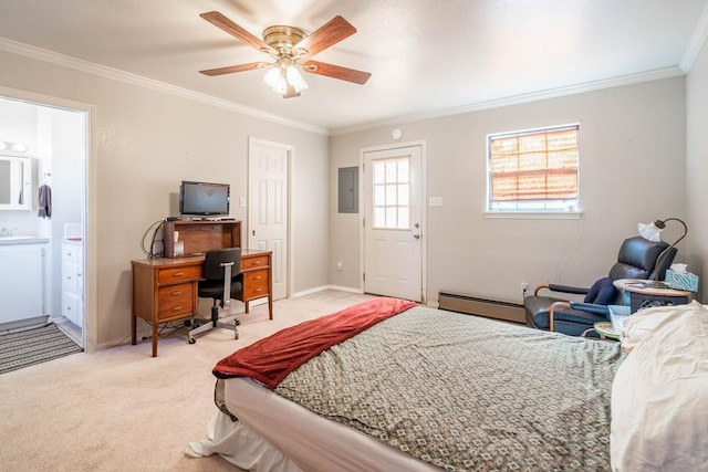 carpeted bedroom with ceiling fan, crown molding, electric panel, and ensuite bath