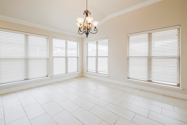 spare room featuring ornamental molding, a notable chandelier, vaulted ceiling, and baseboards