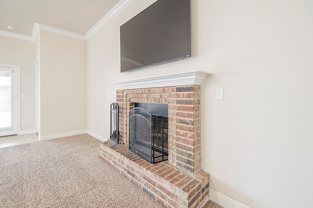 room details with a fireplace, baseboards, crown molding, and carpet flooring